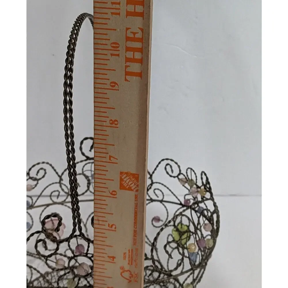 Vintage Style Twisted Wire Easter Basket Beaded Acrylic Floral Decor Shabby Chic